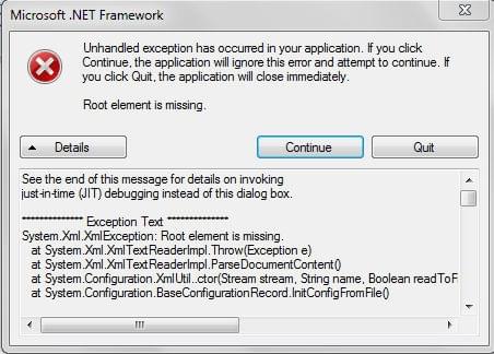 problem z .NET Framework w Windows 7 (root element is missing)
